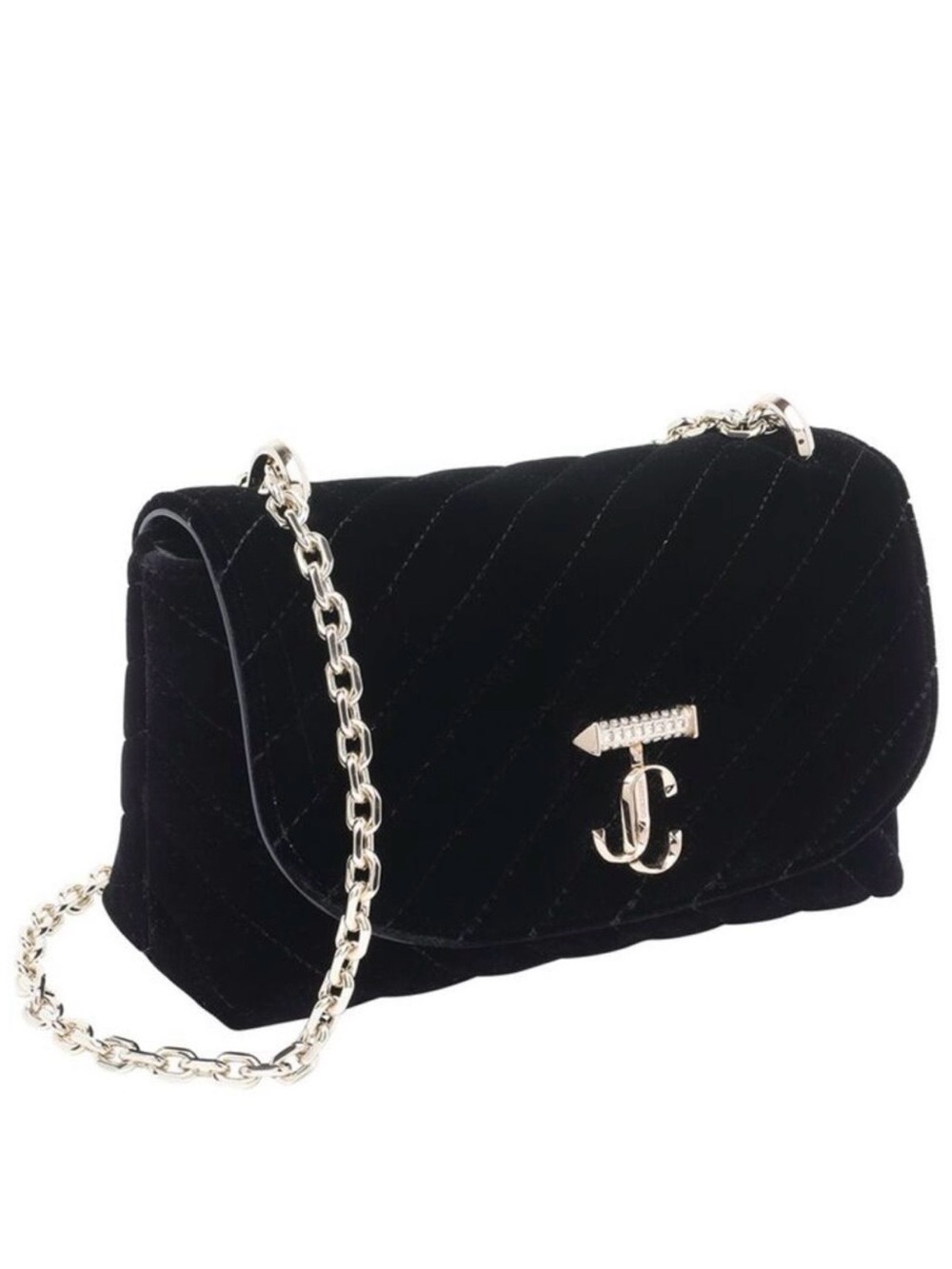 AUTHENTIC Jimmy Choo Black Quilted Velvet Crossbody with Gold Chain - Picture 7 of 10